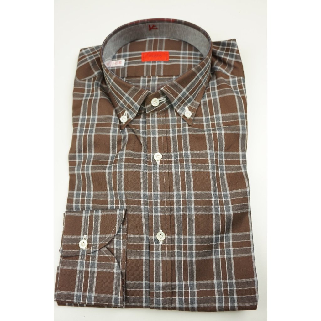 Isaia Dark Walnut Slate Plaid Long Sleeve Cotton Dress Shirt 15.5/39 New